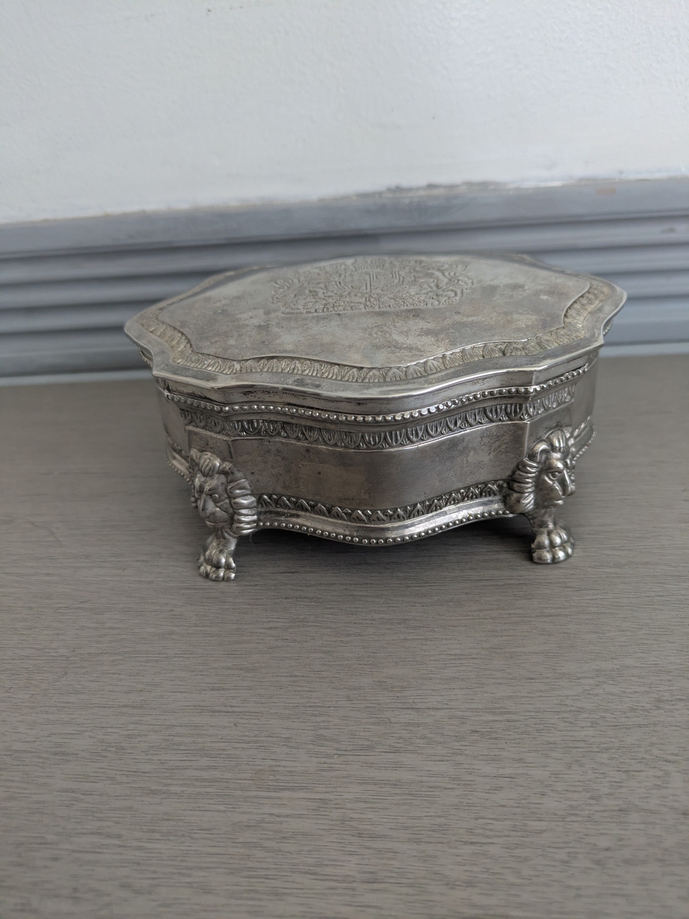 Ornate Silver Tone Lion Paw Jewelry Box